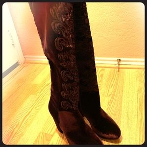 Burgundy knee high boots with embroidery